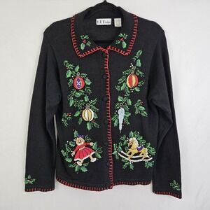 Vintage Christmas Cardigan Sweater Medium Black Embroidered Beaded BP Design